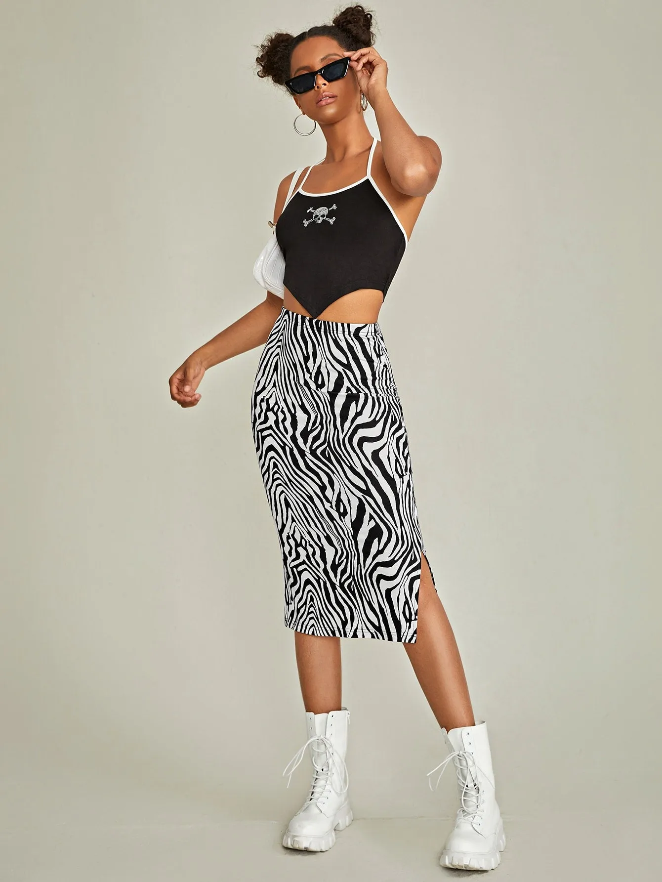 Elegant Zebra Stripe Split High Waist Midi Women Skirt