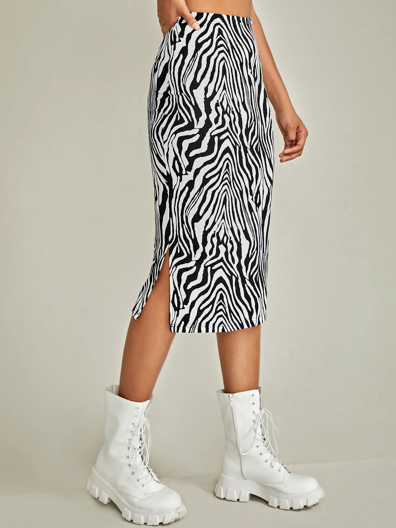 Elegant Zebra Stripe Split High Waist Midi Women Skirt