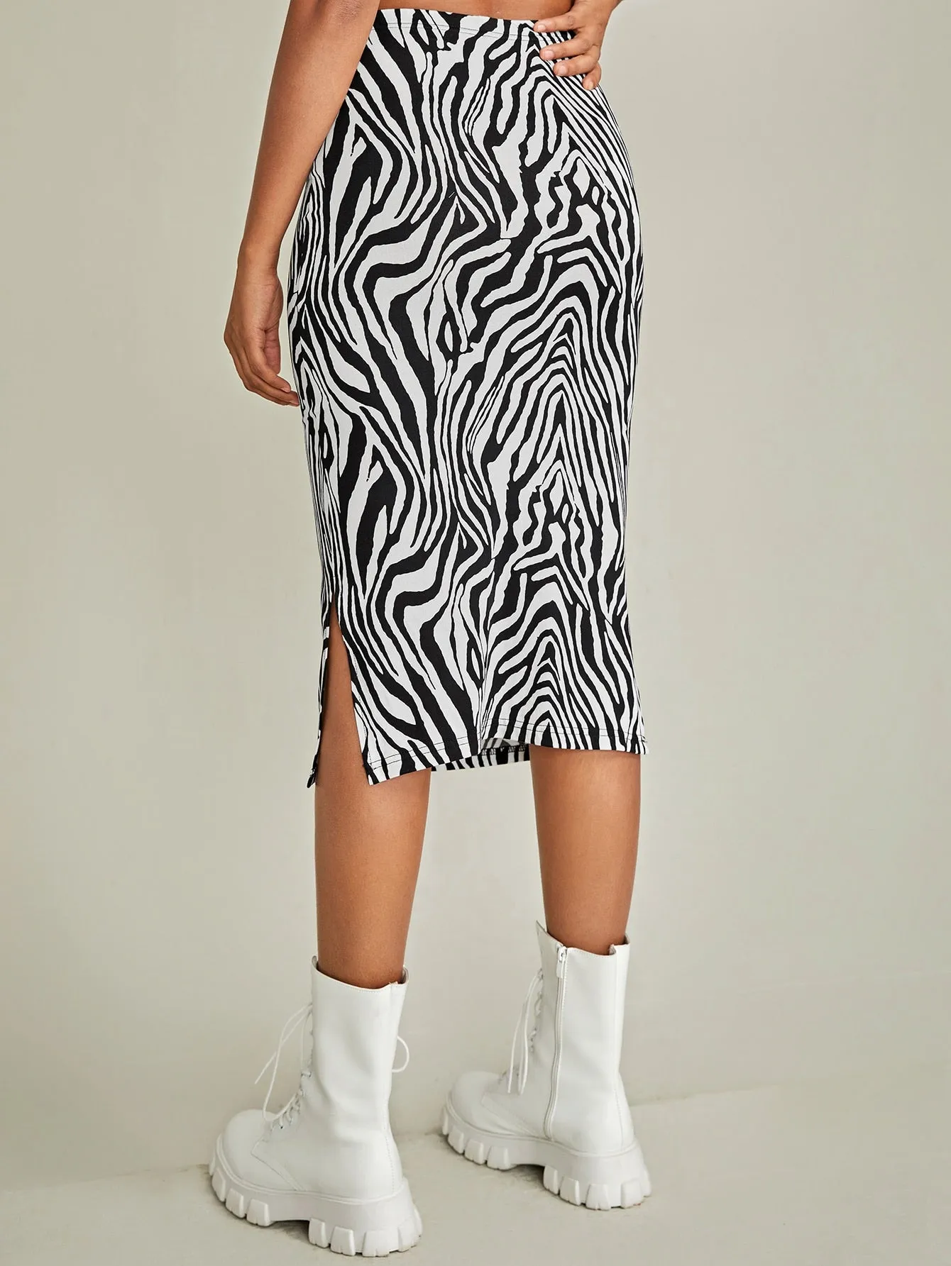 Elegant Zebra Stripe Split High Waist Midi Women Skirt