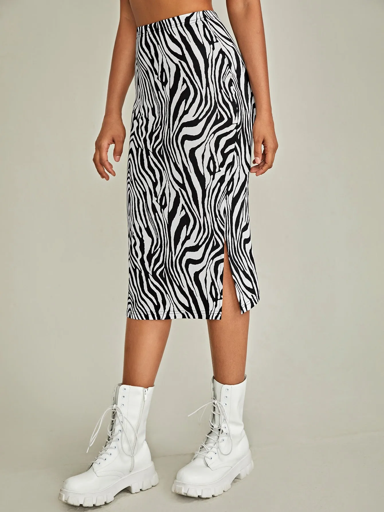 Elegant Zebra Stripe Split High Waist Midi Women Skirt