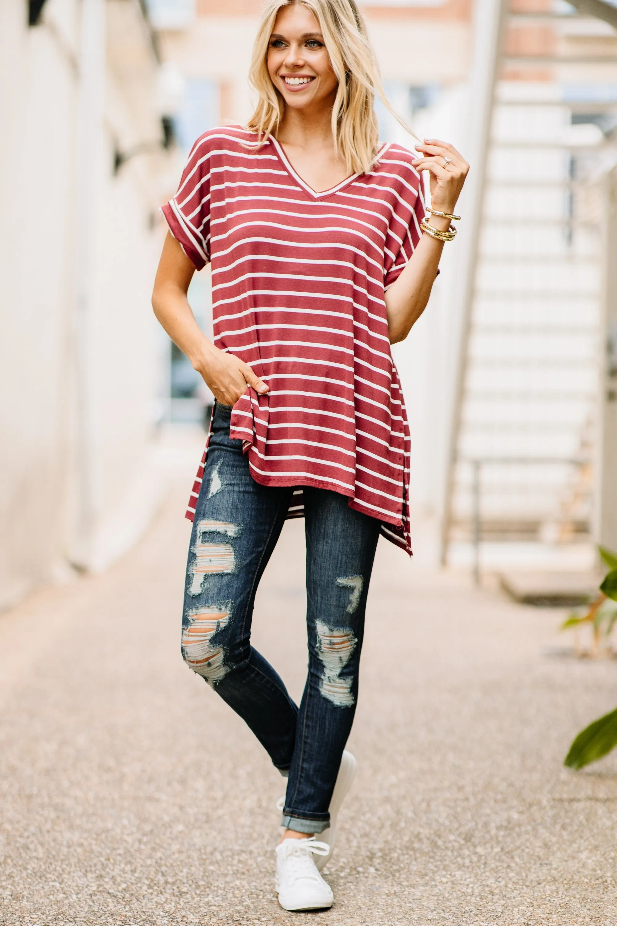 This Is No Joke Brick Red Striped Top
